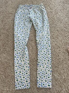 Hanna Andersson White Leggings with Blue Floral Print and Green Dots